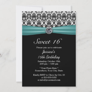 Convite Teal Ribbon & Damask Chic Diamond Sweet 16