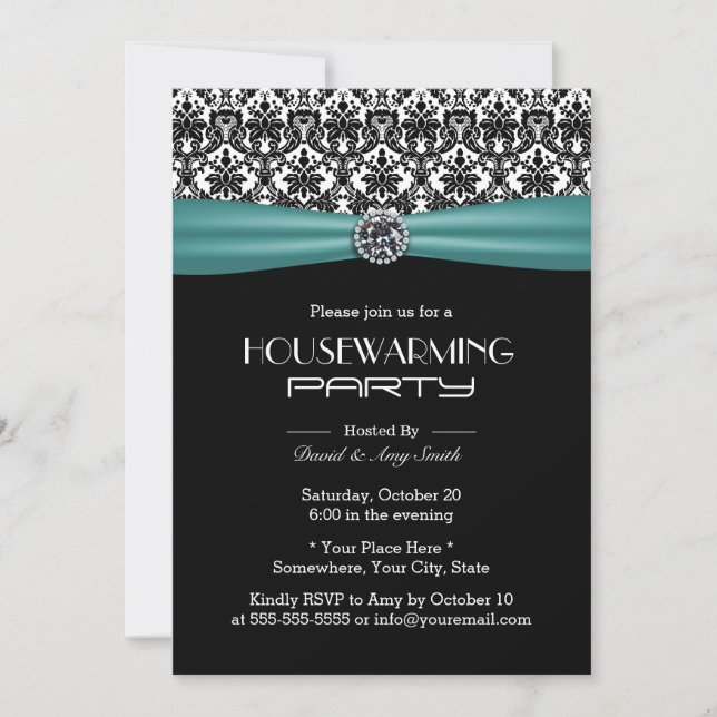 Convite Teal Ribbon Elegant Damask Housearming Party (Frente)