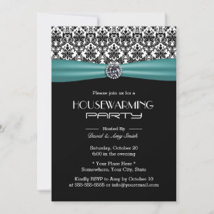Convite Teal Ribbon Elegant Damask Housearming Party