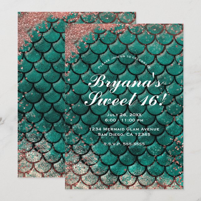 Convite  Teal & Rosa Dourado Brilho Mermaid Sweet 16    (Frente/Verso)