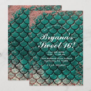 Convite  Teal & Rosa Dourado Brilho Mermaid Sweet 16   