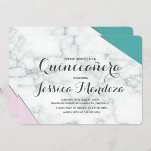 Convite Teal Rosa Moderno Marble Quinceañera Sweet 15