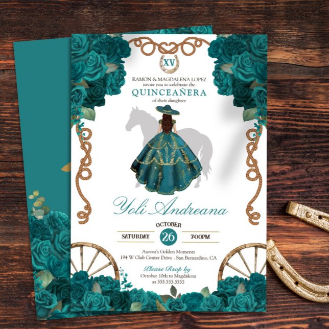 Convite Teal Rosa Western Charro Quinceanera (Criador carregado)