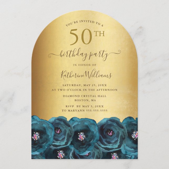 Convite Teal Rose Floral Gold 50th Birthday Party (Frente)