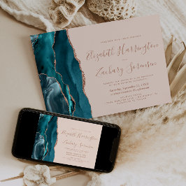 Convite Teal Rose Gold Agate Blush Horizontal Wedding