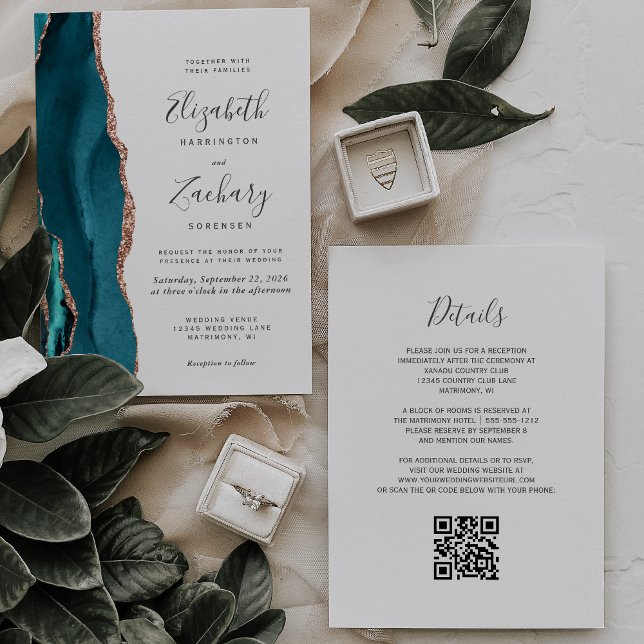 Convite Teal Rose Gold Agate QR Code Wedding Invitation (Criador carregado)
