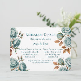 Convite Teal Roses And Bronze Leaves Rehearsal Dinner