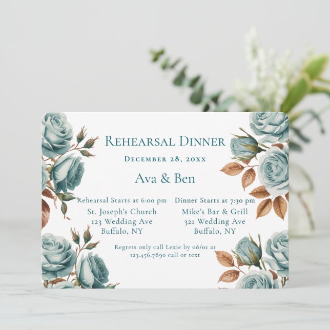 Convite Teal Roses And Bronze Leaves Rehearsal Dinner (Em pé/Frente)