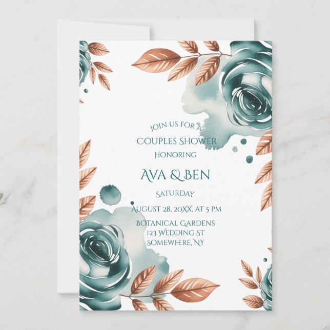 Convite Teal Roses and Copper Leaves Couples Shower (Frente)