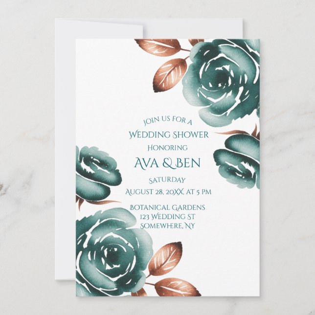 Convite Teal Roses and Copper Leaves Wedding Shower (Frente)
