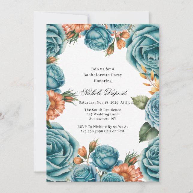 Convite Teal Roses and Orange Floral Bachelorette Party (Frente)