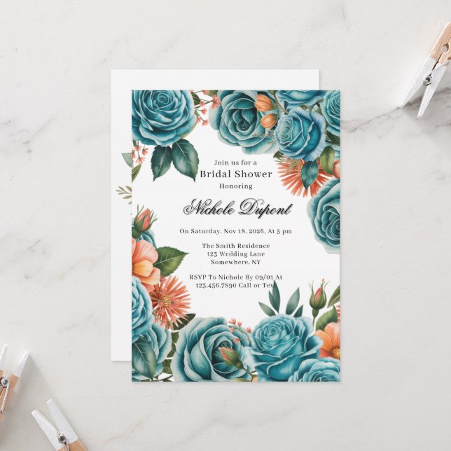 Convite Teal Roses and Orange Floral Bridal Shower (Frente/Verso In Situ)