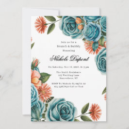 Convite Teal Roses and Orange Floral Brunch & Bubbly
