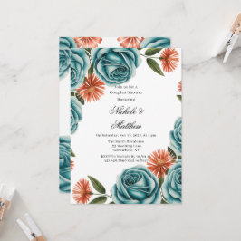 Convite Teal Roses and Orange Floral Couples Shower