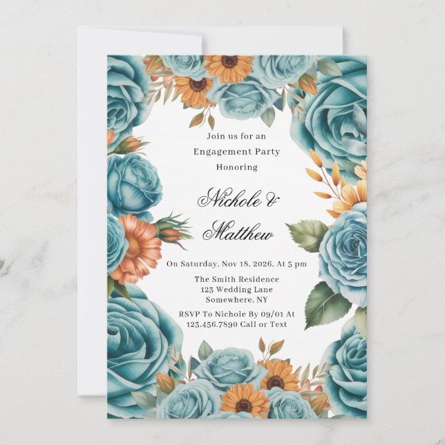 Convite Teal Roses and Orange Floral Engagement Party (Frente)