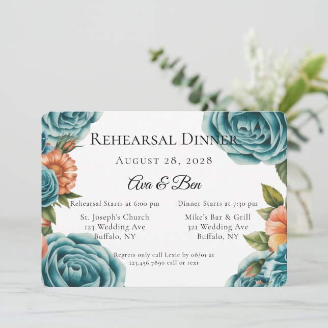 Convite Teal Roses and Orange Floral Rehearsal Dinner (Em pé/Frente)