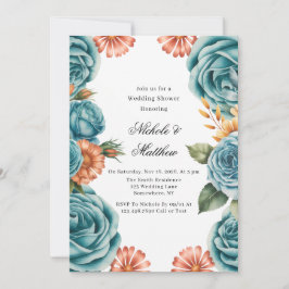 Convite Teal Roses and Orange Floral Wedding Shower