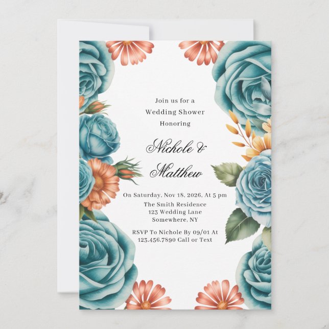 Convite Teal Roses and Orange Floral Wedding Shower (Frente)