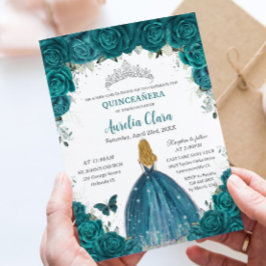 Convite Teal Roses Floral Blonde Princess Quinceanera 16th