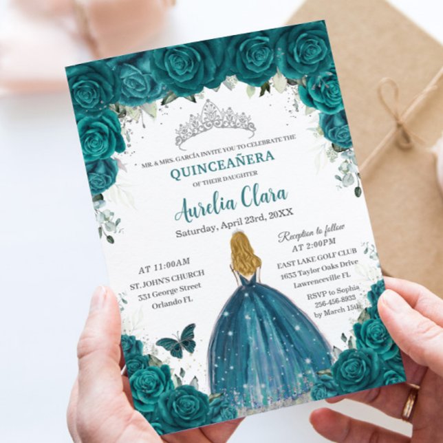 Convite Teal Roses Floral Blonde Princess Quinceanera 16th (Criador carregado)