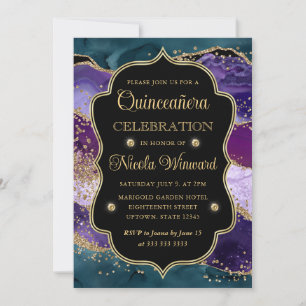 Convite Teal, Roxo e Dourado Agate Quinceanera com Brilho