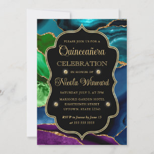 Convite Teal, Roxo e Dourado Brilho Agata Quinceanera