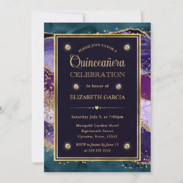 Convite Teal, Roxo e Dourado Glitter Agate Quinceanera