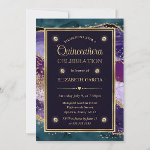 Convite Teal, Roxo e Dourado Glitter Agate Quinceanera