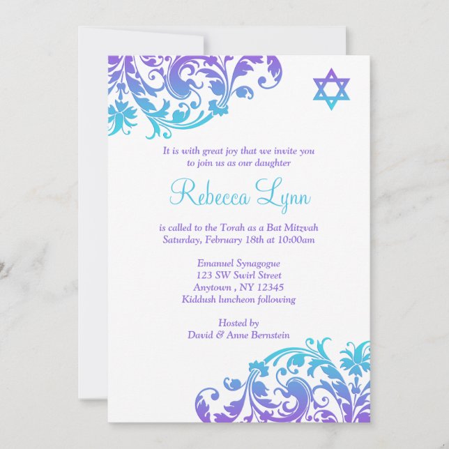 Convite Teal Roxo Elegante Bat Mitzvah (Frente)