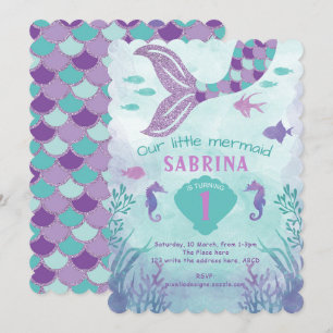 Convite Teal, Roxo, Glitter, Sereia, Aniversário Da Rapar