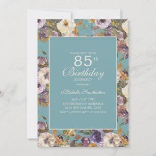 Convite Teal Roxo Mostarda Marfim Floral 85º Aniversário