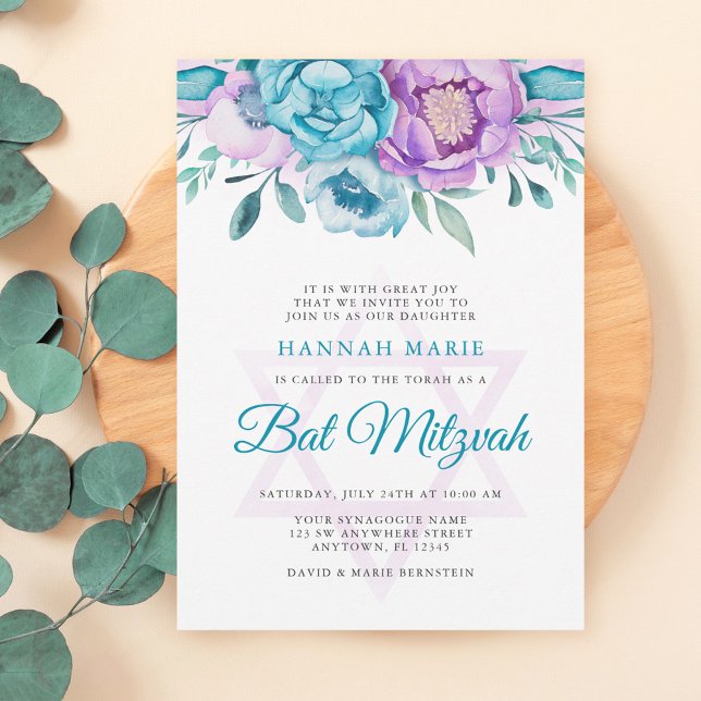 Convite Teal Roxo Watercolor Bat Mitzvah (Criador carregado)