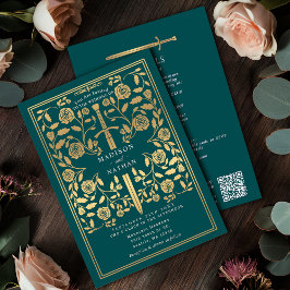 Convite Teal Royal Medieval Gold Sword Wedding QR Code