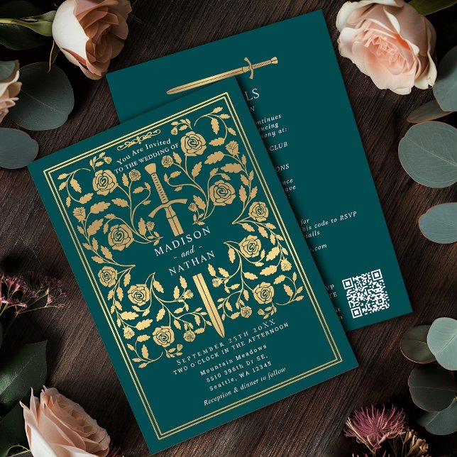 Convite Teal Royal Medieval Gold Sword Wedding QR Code (Criador carregado)