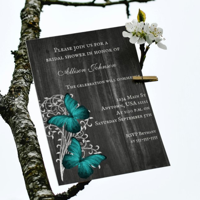 Convite Teal Rustic Butterfly Chá de panela Invite (Teal Rustic Butterfly Bridal Shower Invitation)