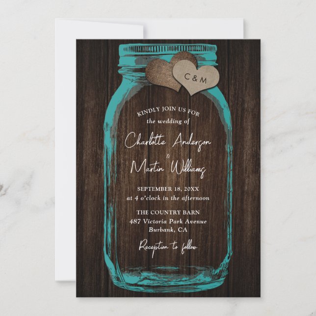 Convite Teal Rustic Wood Burlap Hearts Mason Jar Wedding (Frente)