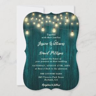 Convite Teal Rustic Wood String Luzes Campo Casamento