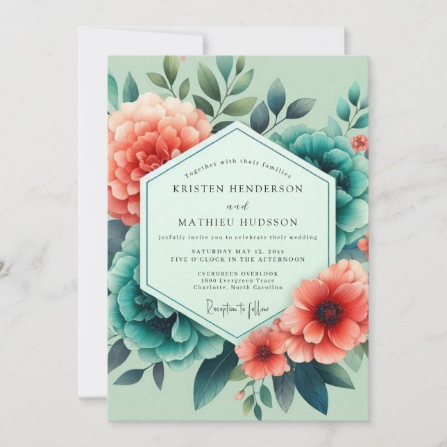 Convite Teal Salmon Aquarelle Wedding (Frente)