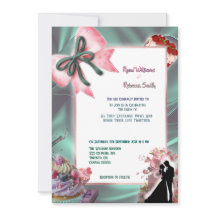 Teal Satin & Pink Bow Wedding Invitation