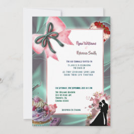 Convite Teal Satin & Pink Bow Wedding Invitation