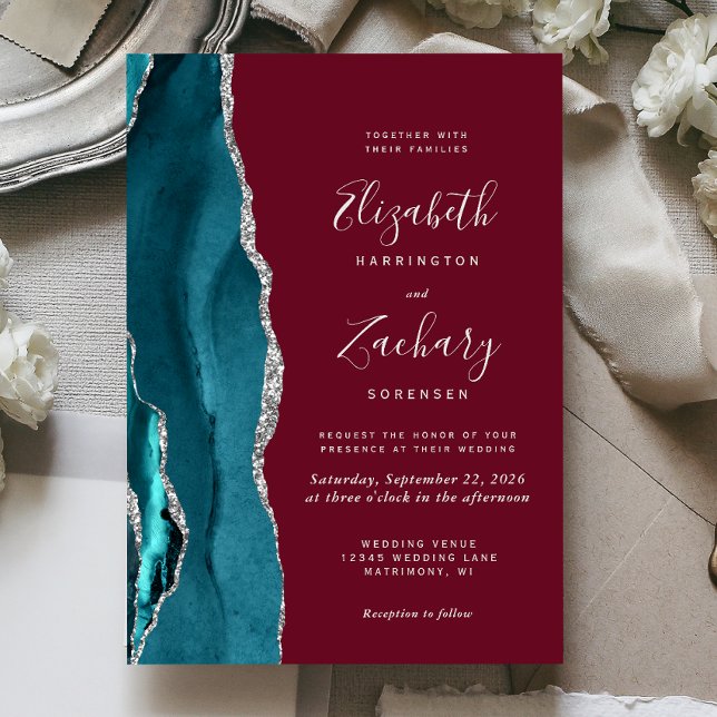 Convite Teal Silver Agate Burgundy Wedding Invitation (Criador carregado)