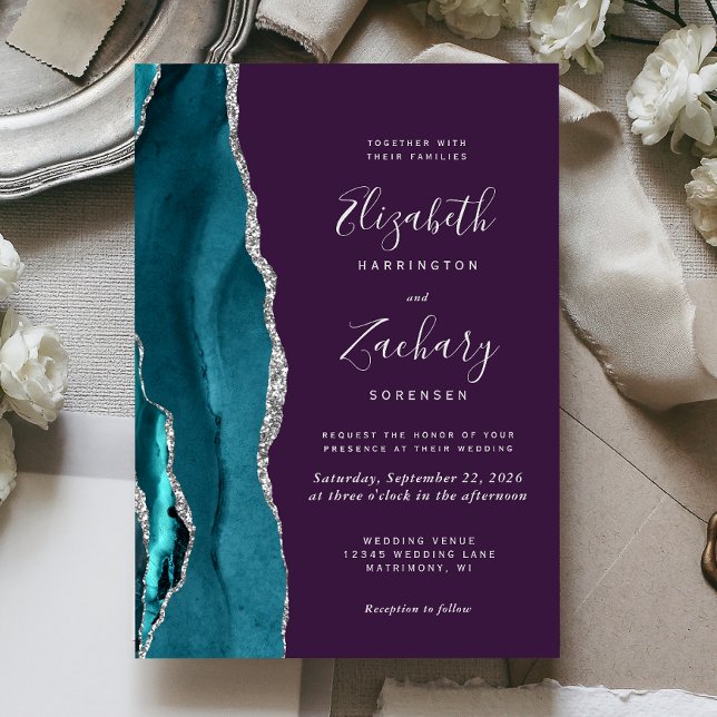 Convite Teal Silver Agate Purple Wedding Invitation (Criador carregado)