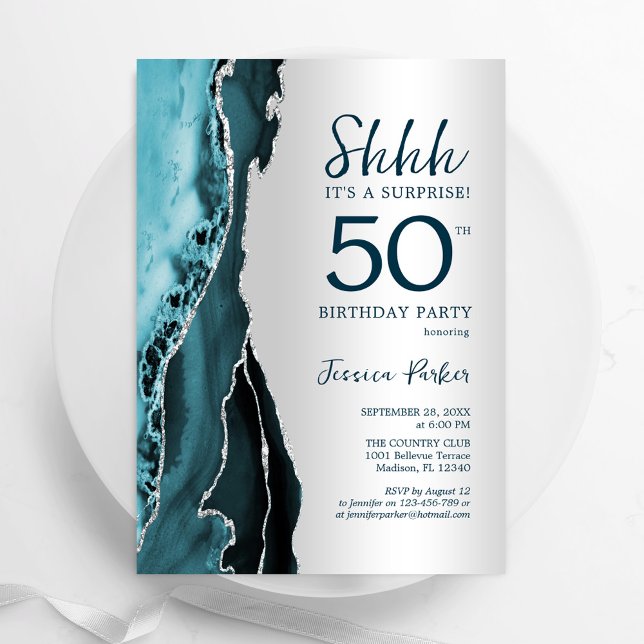 Convite Teal Silver Agate Surprise 50th Birthday (Criador carregado)