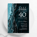 Convite Teal Silver Agate Surprise aniversário de 40 anos<br><div class="desc">Teal e prata agatam o convite de festas aniversário de 40 anos surpresa. Elegante design moderno com cor azul-lacrimogênea agate marble background, faux glitter prata e typografia script font. Trendy convida o cartão perfeito para uma comemoração de dia das mulheres na moda. Impressos convites Zazzle ou modelo de impressão digital...</div>
