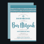 Convite Teal Silver Bar Mitzvah Tallit Simple Modern Bold<br><div class="desc">Tenha orgulho, alegria e mostre este marco do seu Bar favorito Mitzvah! Enviar este convite legal, único, moderno e personalizado para um evento que se lembre. A tipografia empoeirada do roteiro azul-lacre, Estrela de David e um azul-lacre empoeirado e talude-relha prateada inspiraram uma camada gráfica simples e branca. Personalize o...</div>