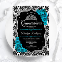 Teal Silver Black Damask Elegante Quinceanera