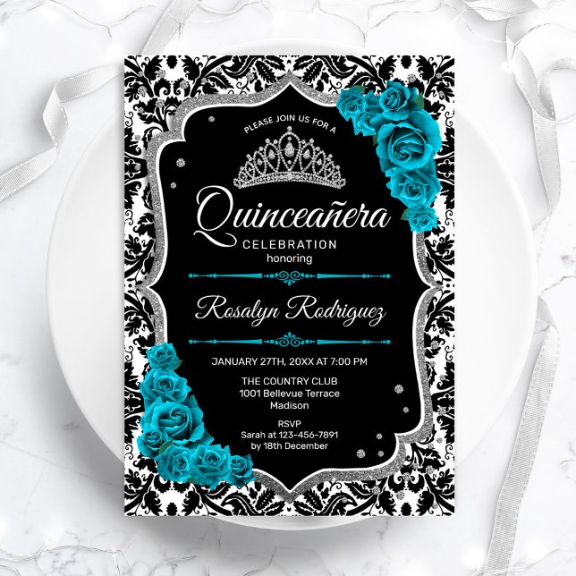 Convite Teal Silver Black Damask Elegante Quinceanera (Criador carregado)