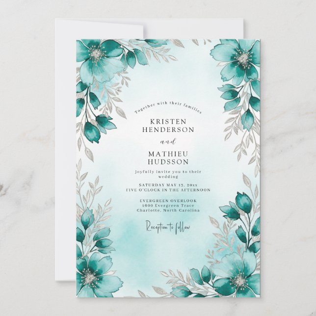 Convite Teal Silver Botanical Winter Wedding (Frente)