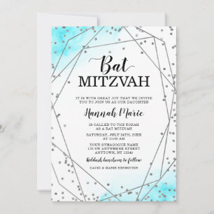 Convite Teal Silver Faux Glitter Geométrico Bat Mitzvah