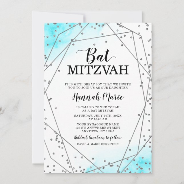 Convite Teal Silver Faux Glitter Geométrico Bat Mitzvah (Frente)